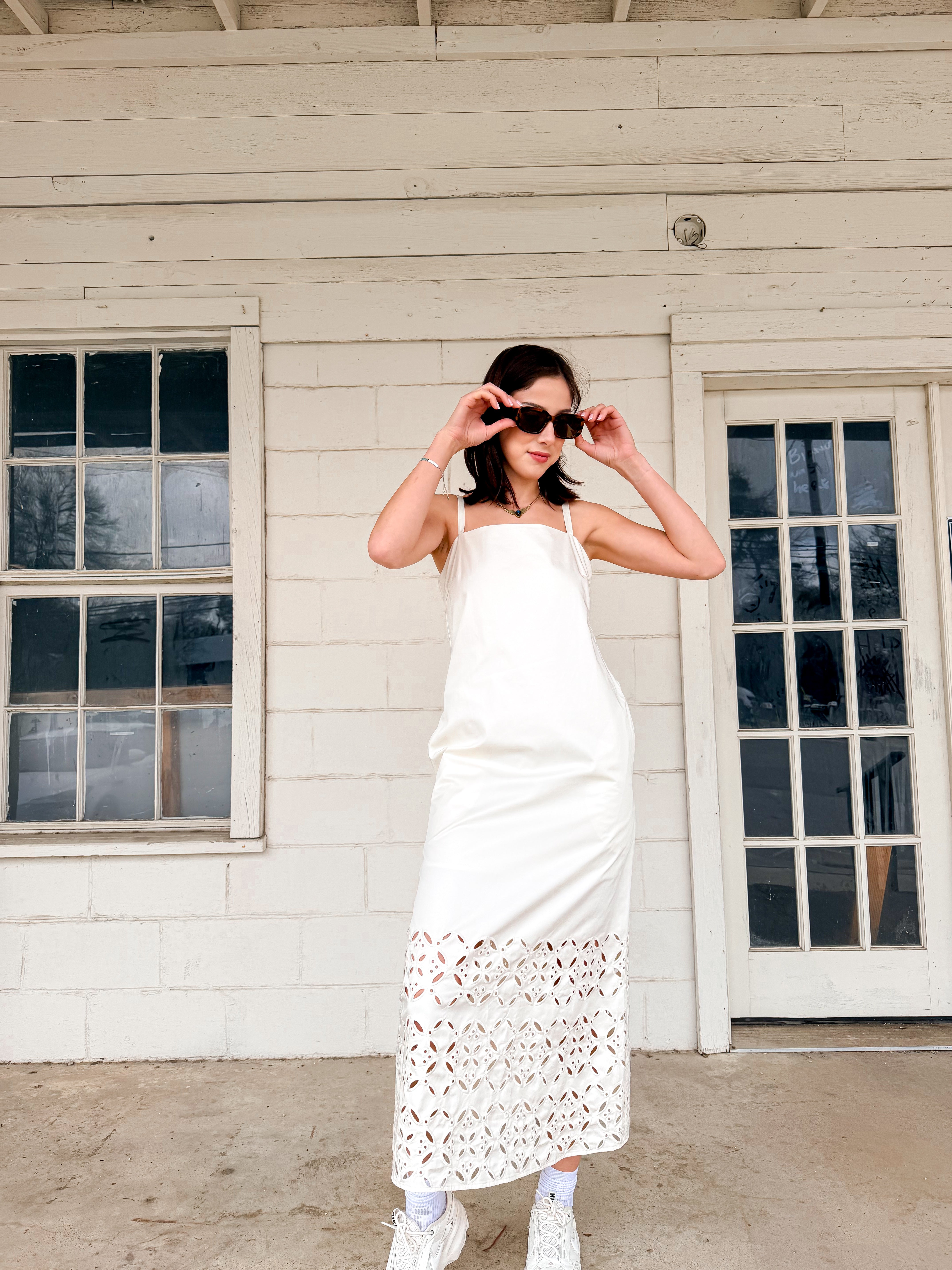 embroidered cream dress Creamy Floral Lattice Dress | Embroidered Rust Trim & Ruffled Collar
