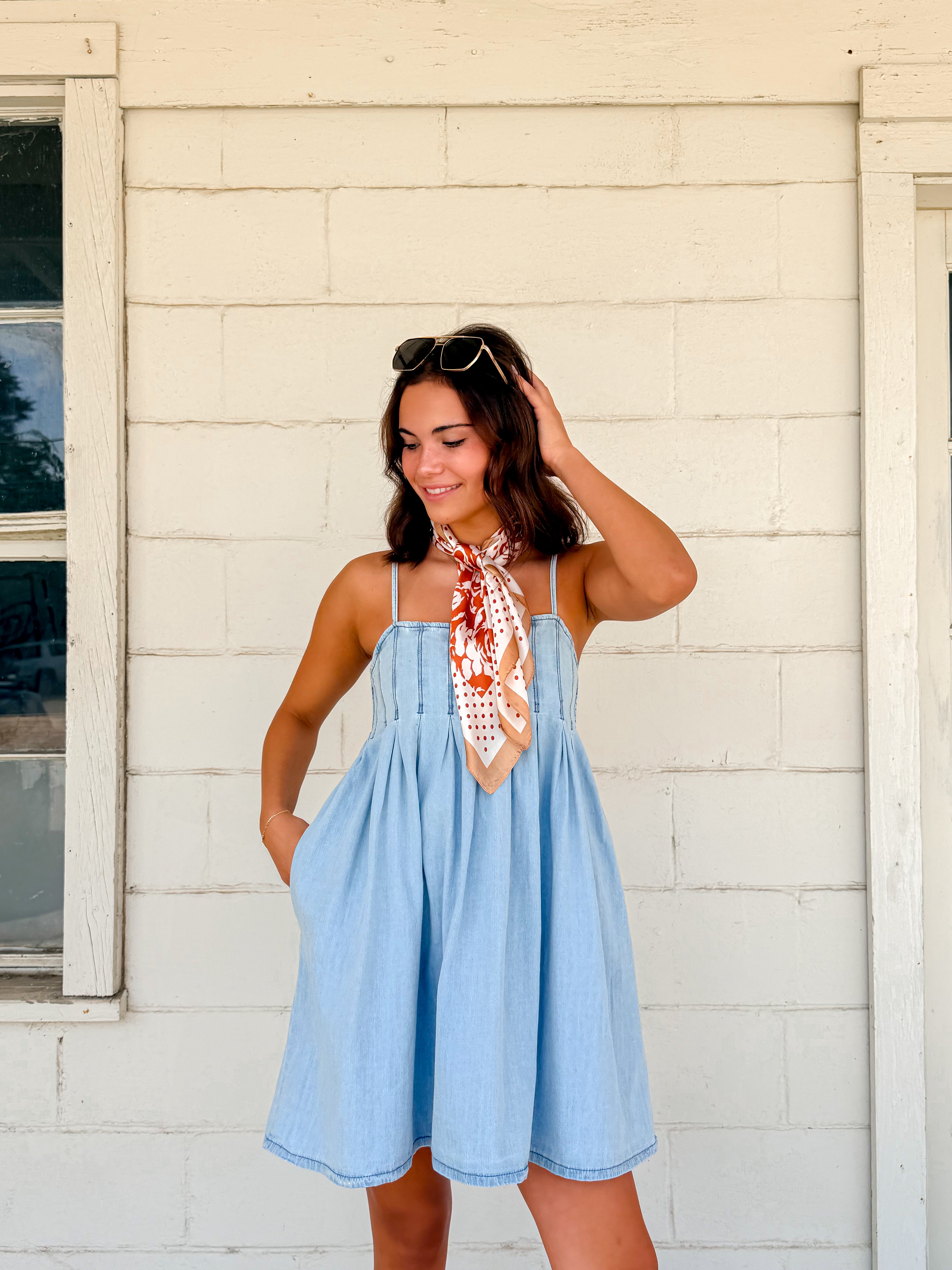 pleated denim mini dress Pleated Denim Mini Dress Large