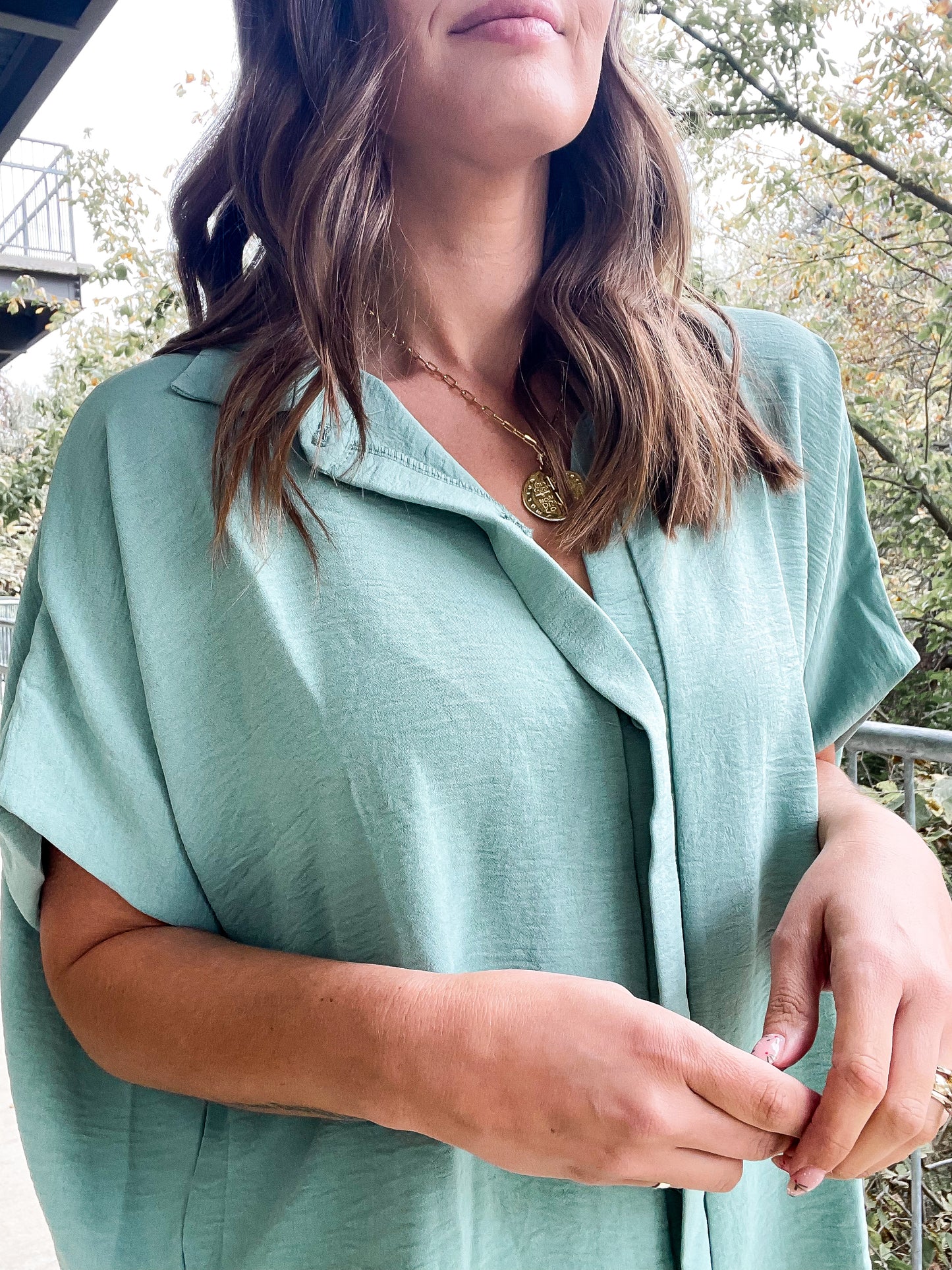Drape Button Up Blouse - Sage