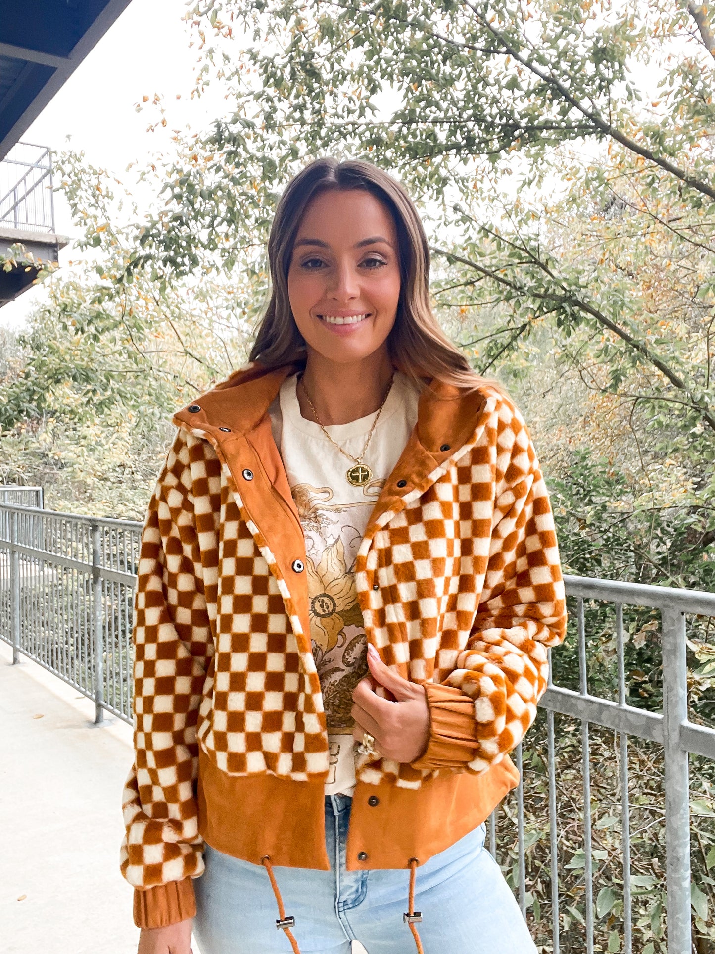 Burnt Checkered Faux Fur Jacket