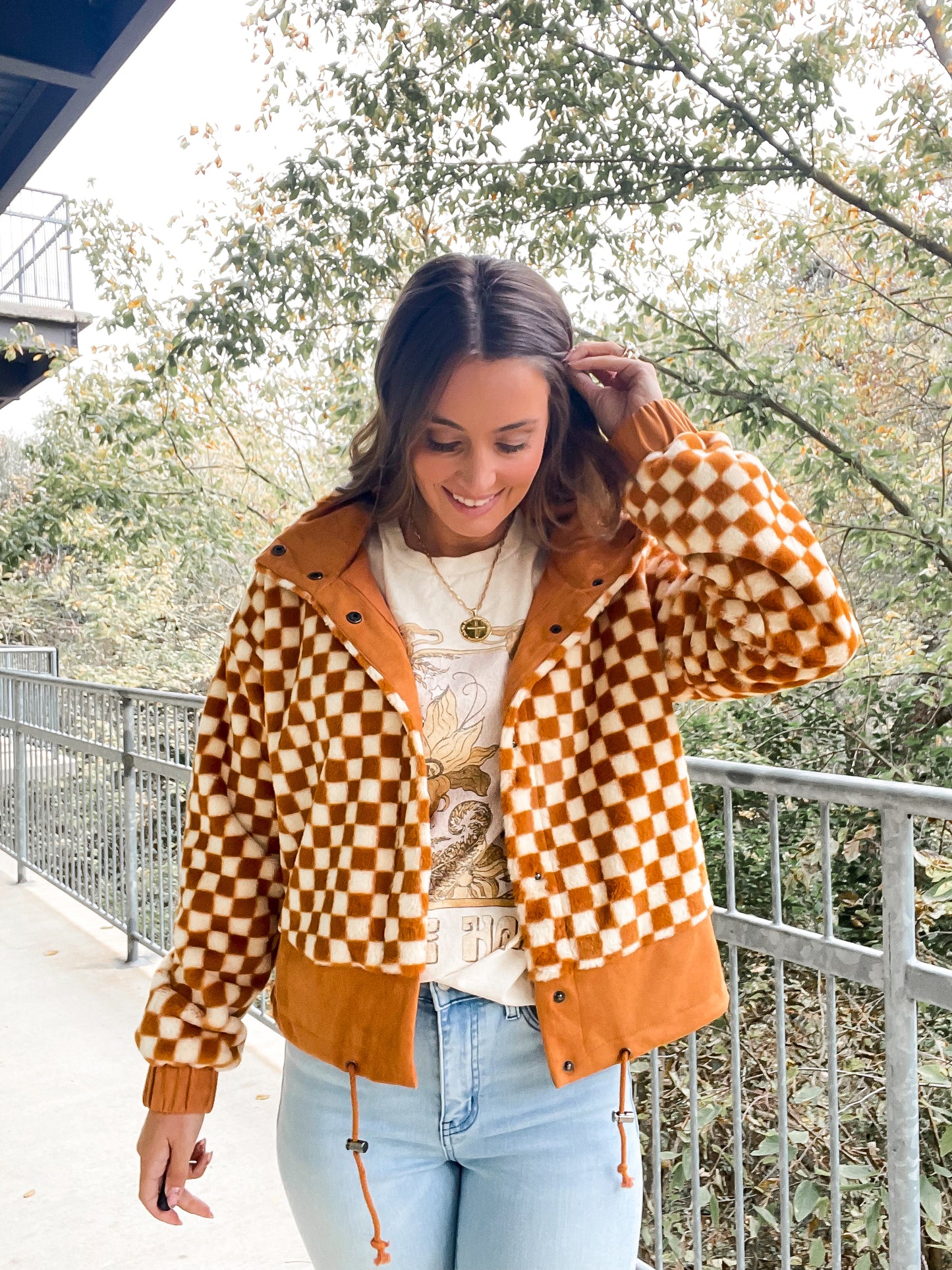 Burnt Checkered Faux Fur Jacket