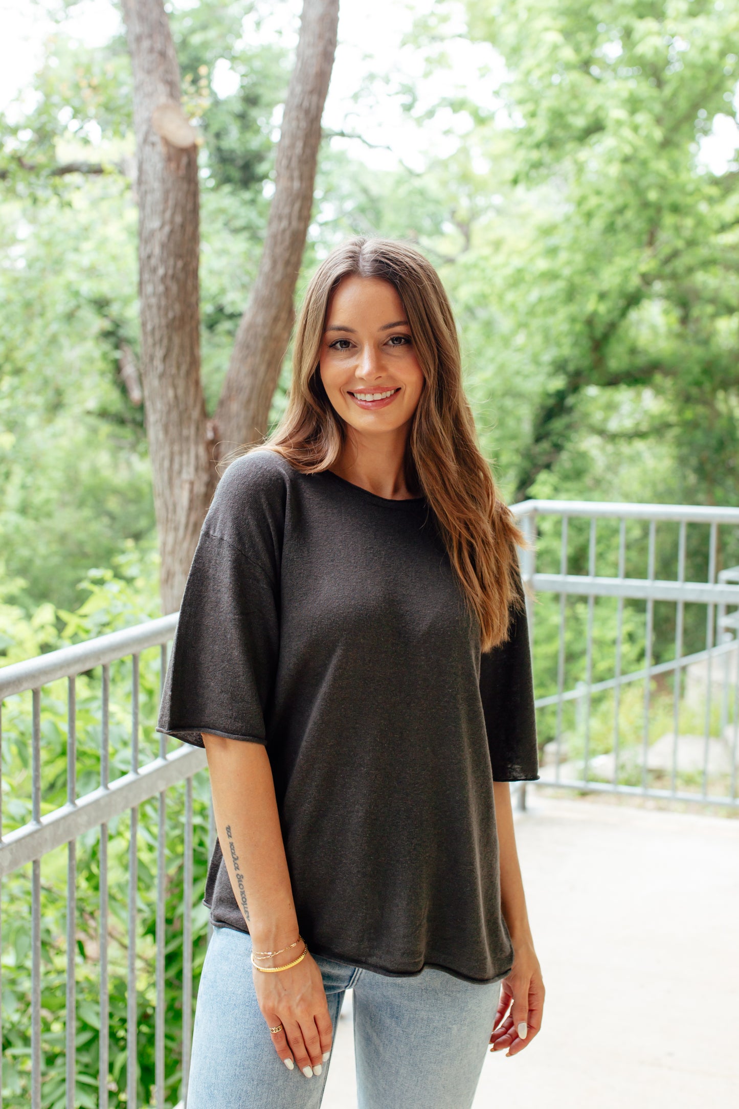 Linen Scoop Neck Tee - Washed Black