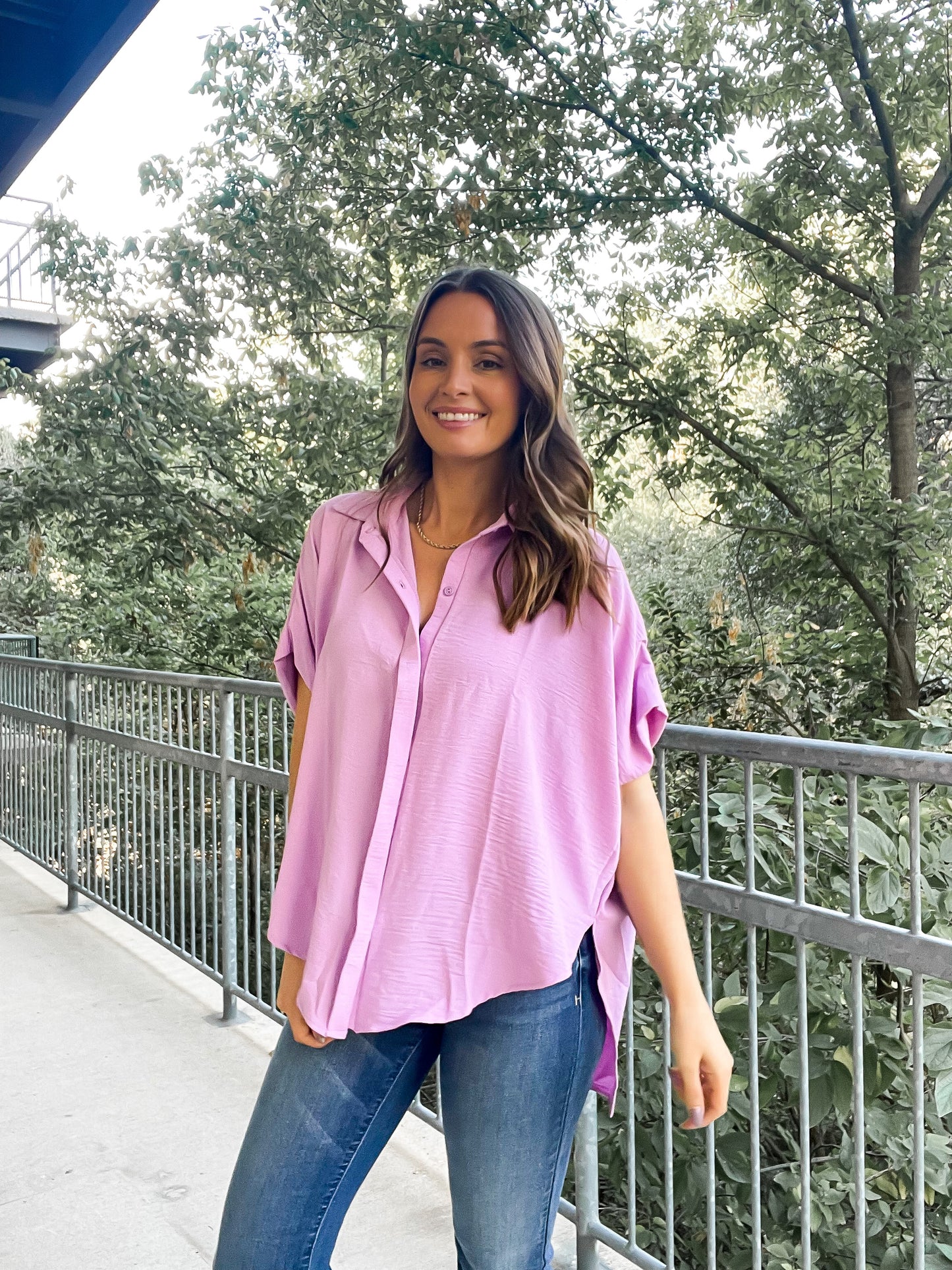 Drape Button Up Blouse - lilac
