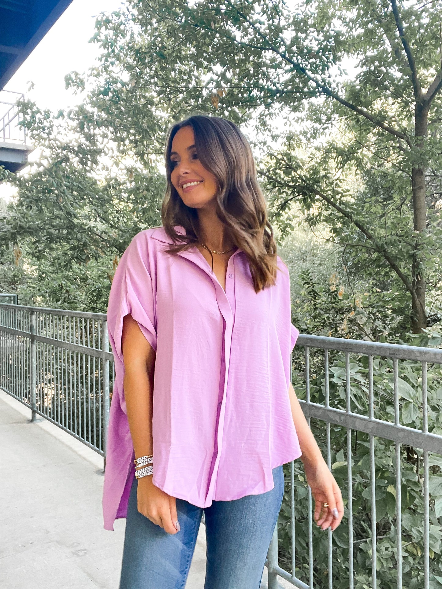 Drape Button Up Blouse - lilac