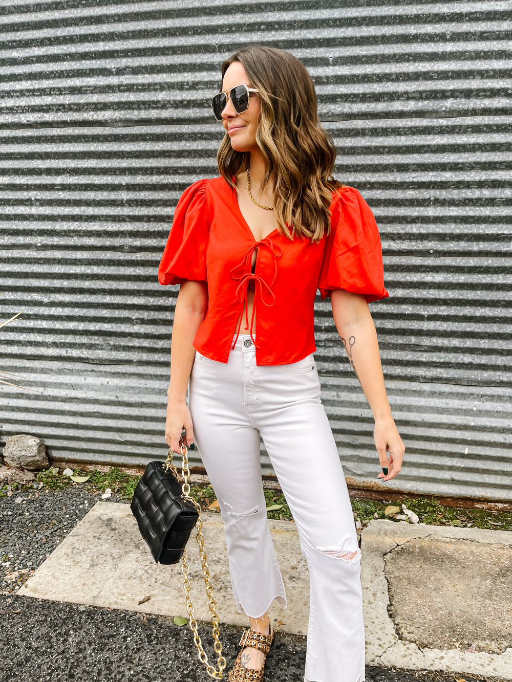 Red Linen Bow Blouse