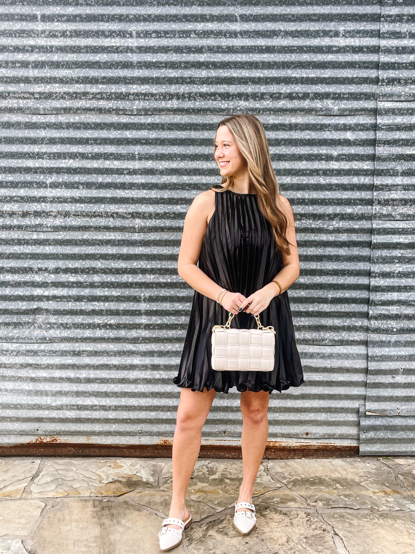 Pleated Black Mini Dress