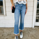 High Rise Kick Flare Raw Hem Denim