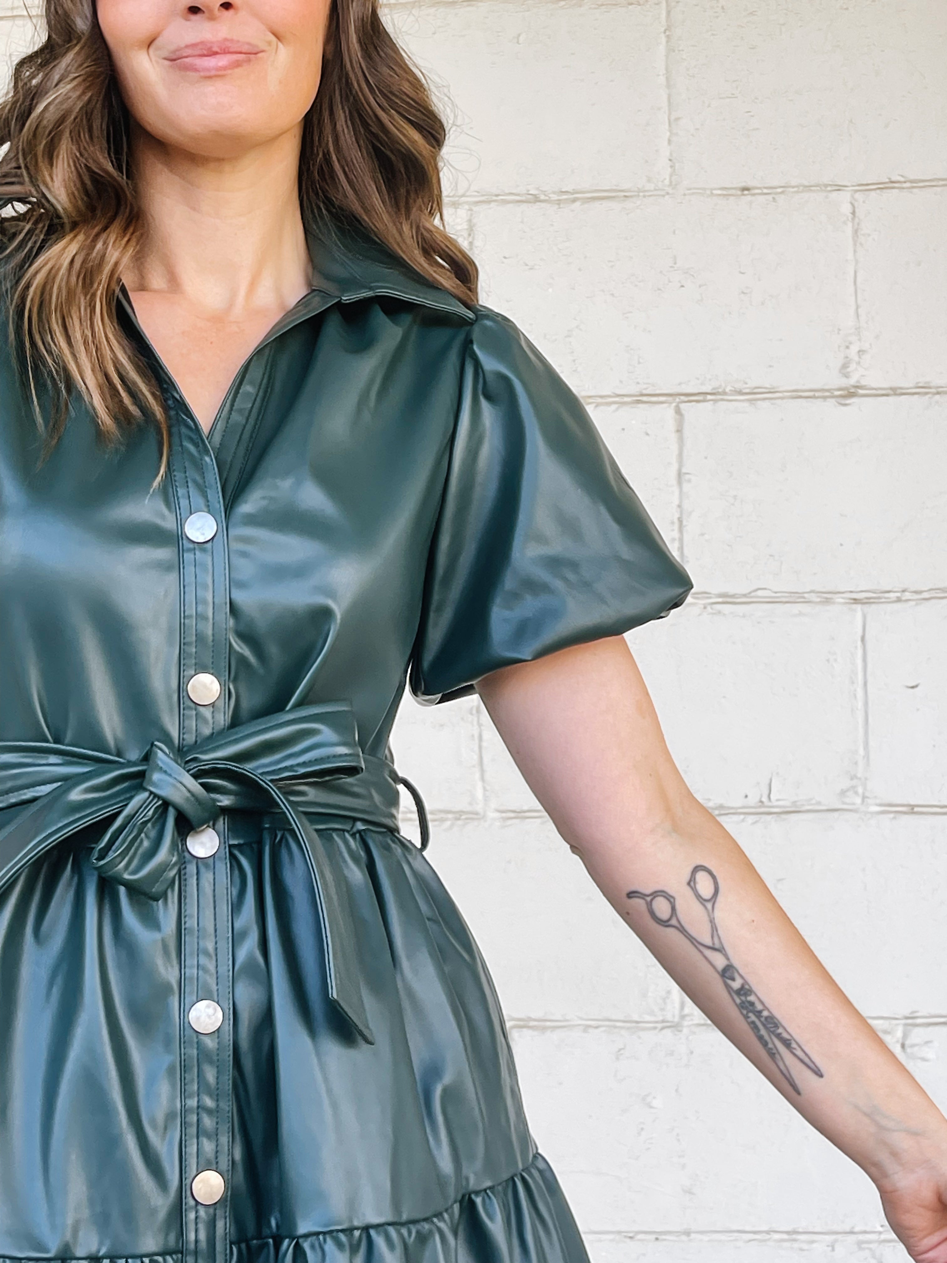 Talia Tiered Pu Leather Midi Dress Hunter Green / S Talia Tiered Pu Leather Midi Dress Hunter Green / S