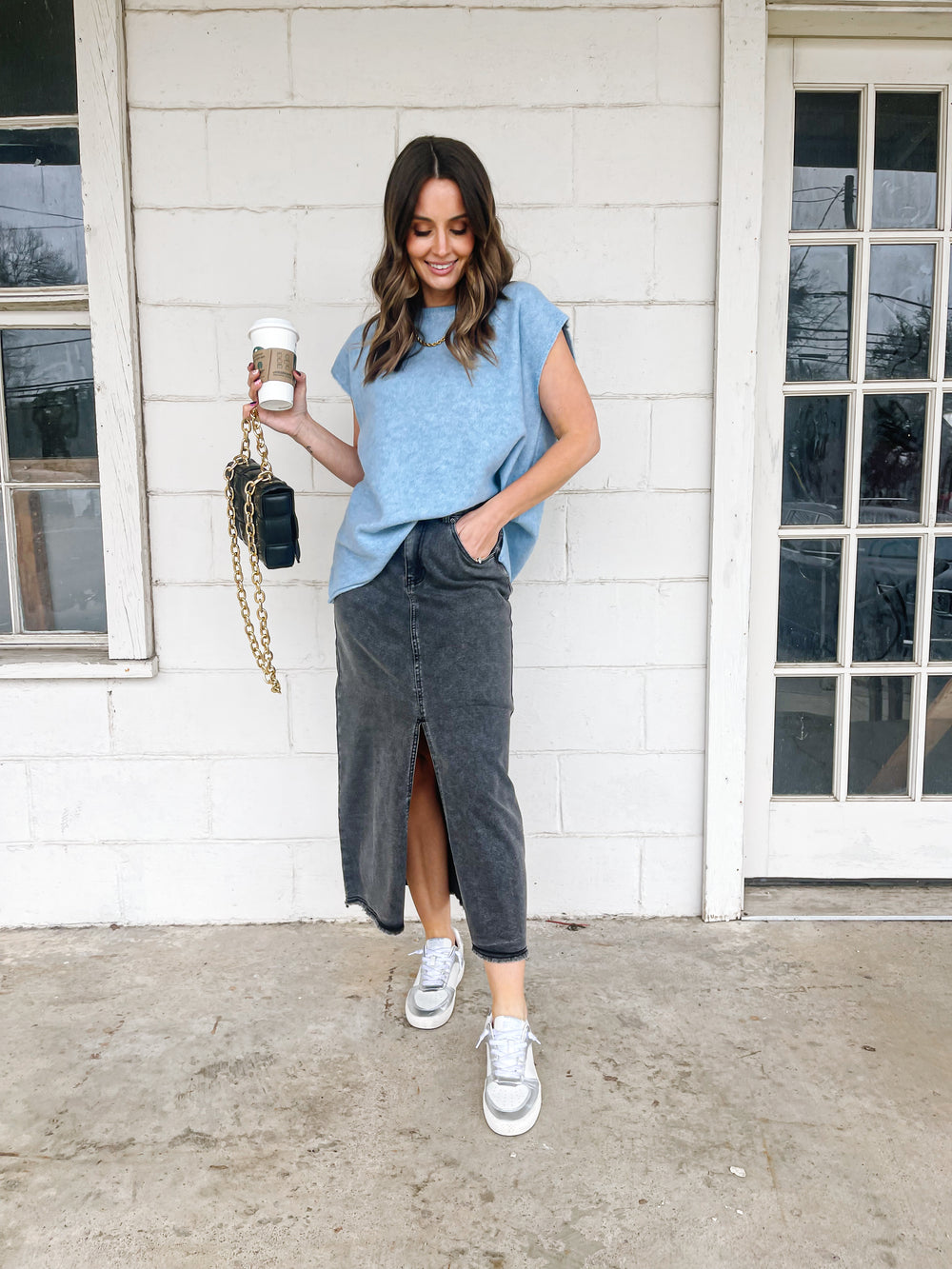 Washed Black Front Slit Skirt