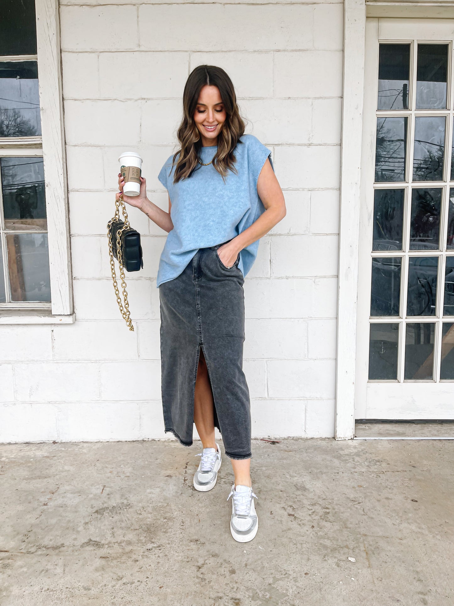 Washed Black Front Slit Skirt