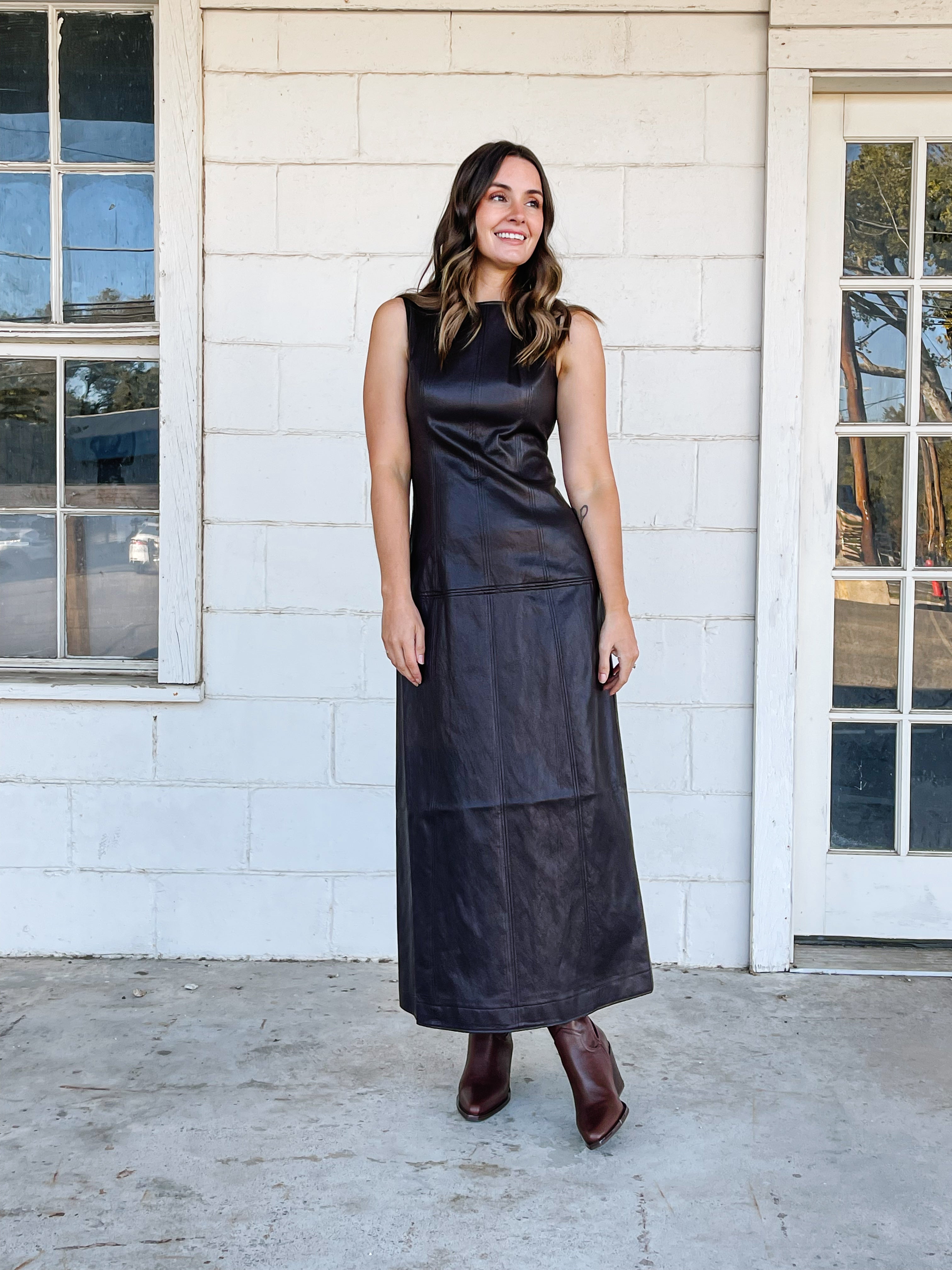 black faux leather maxi dress Marella Halterneck Faux Leather Maxi Dress Black