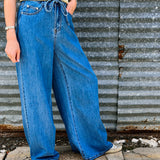 Wide Leg Denim Pants Tie Waist