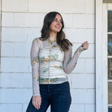 Mock Neck Floral Ruching