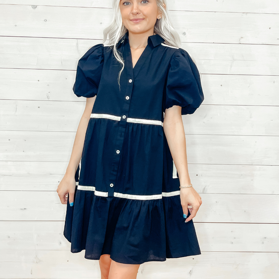 Button Down Tape Detail Mini Dress