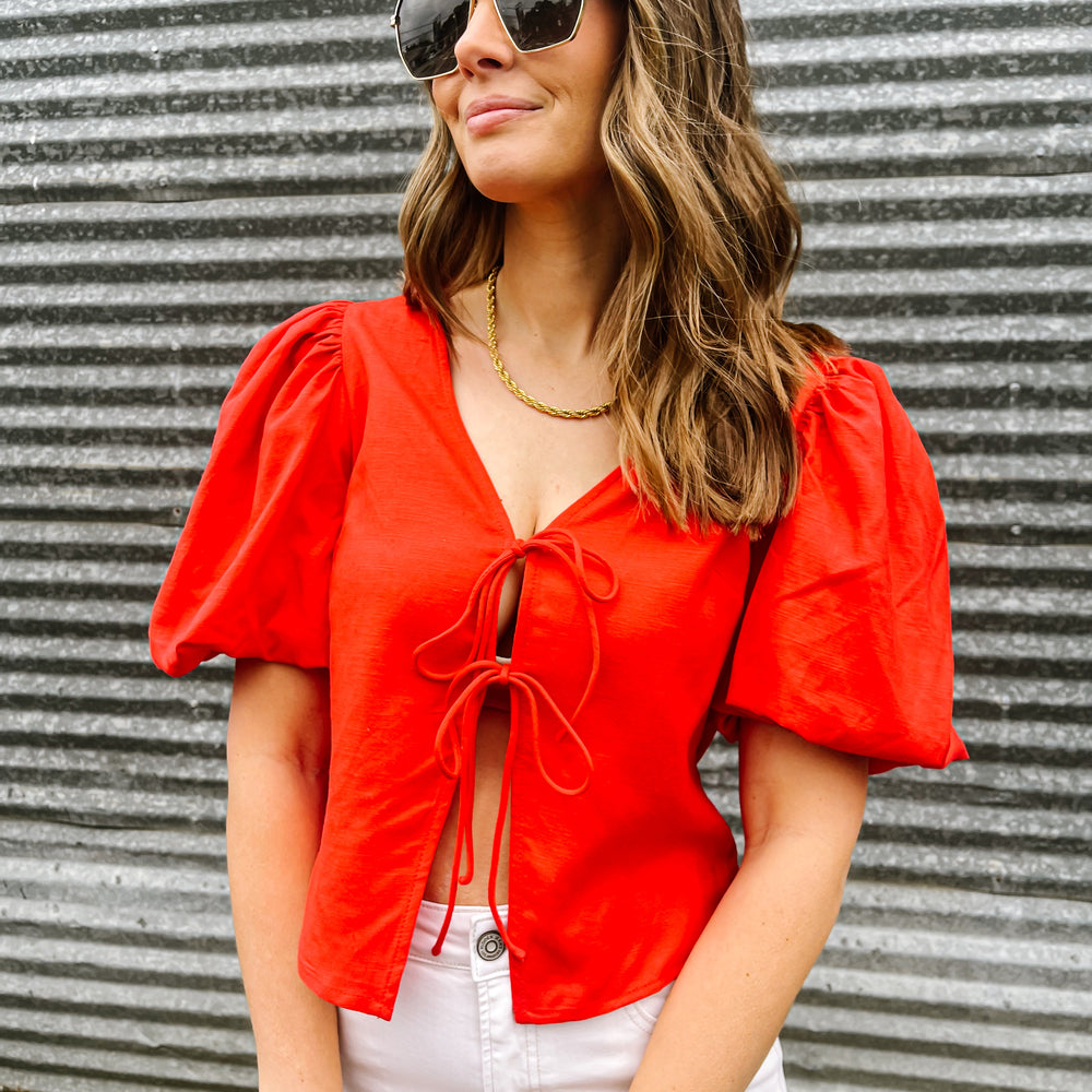 
                      
                        Red Linen Bow Blouse
                      
                    