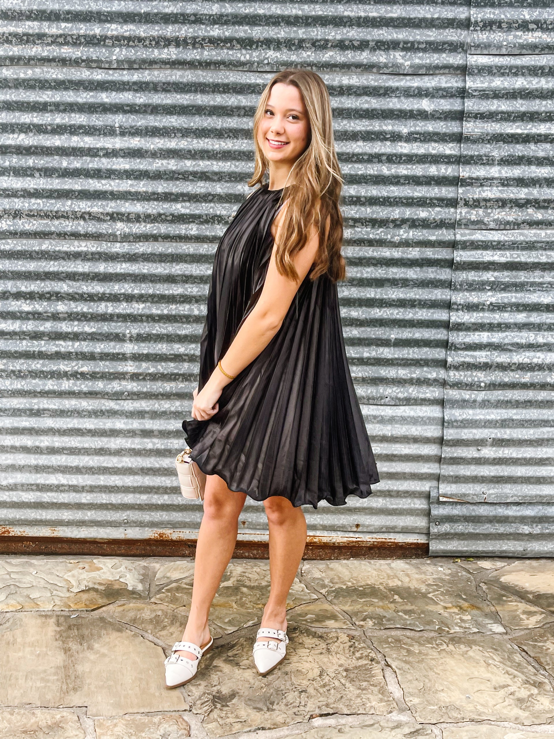 Pleated Black Mini Dress Medium Pleated Black Mini Dress Medium