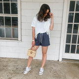 Navy Striped Linen Short