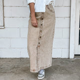 Washed Brown Denim Midi Skirt