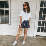 Navy Striped Linen Short