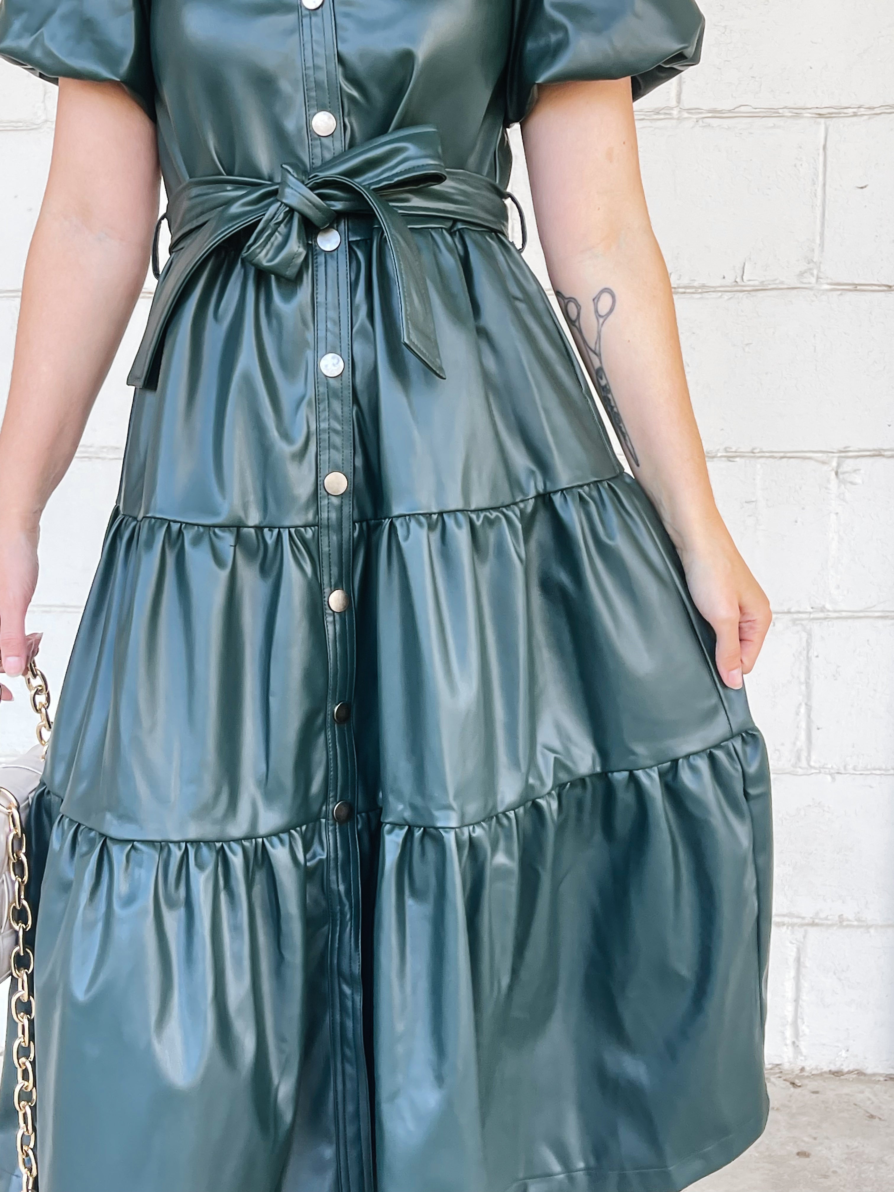 Talia Tiered Pu Leather Midi Dress Hunter Green / S Talia Tiered Pu Leather Midi Dress Hunter Green / S