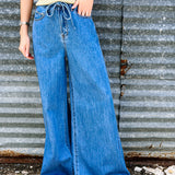 Wide Leg Denim Pants Tie Waist