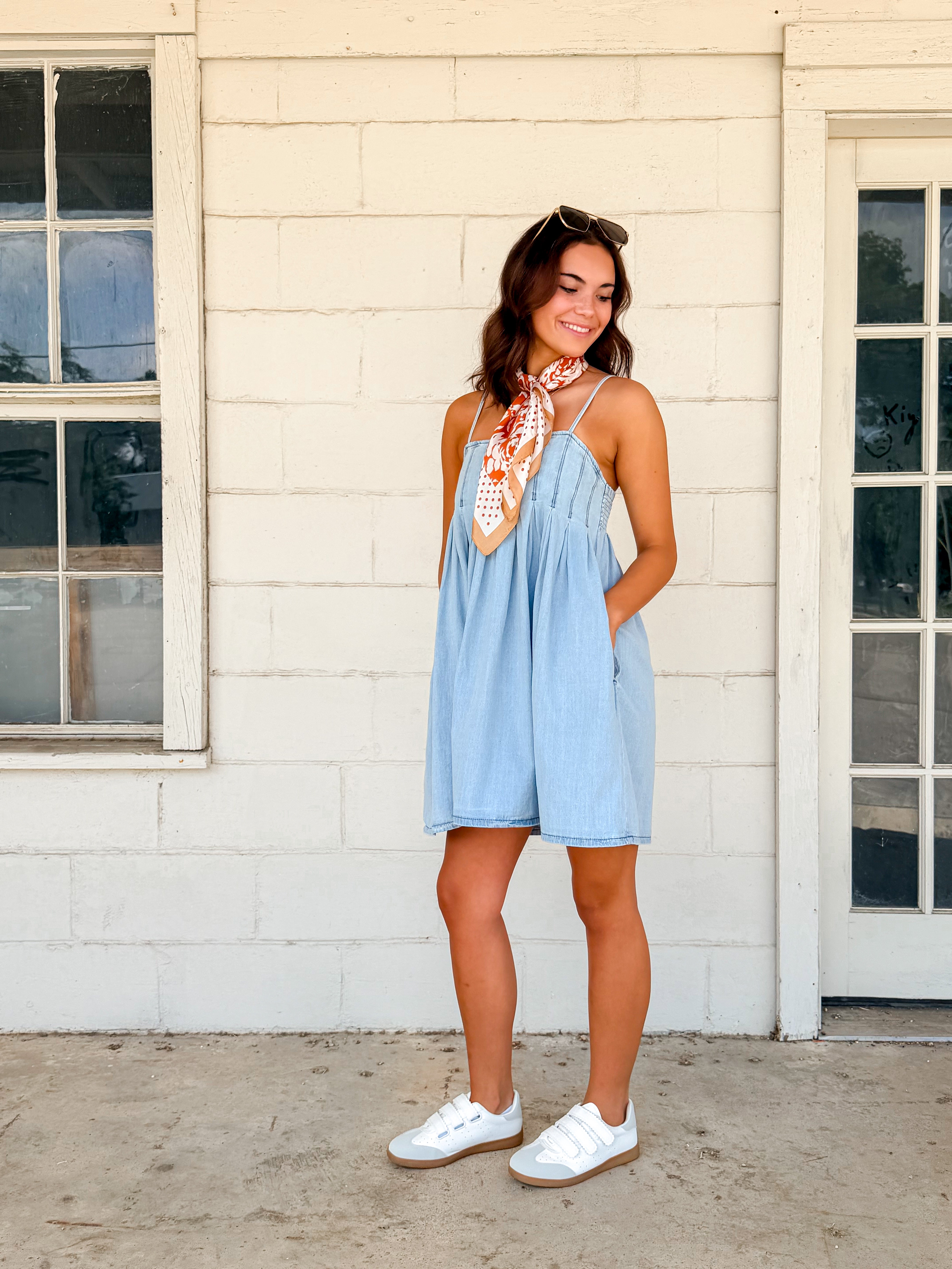 Pleated Denim Mini Dress Large