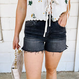 Black High Rise Raw Hem Shorts