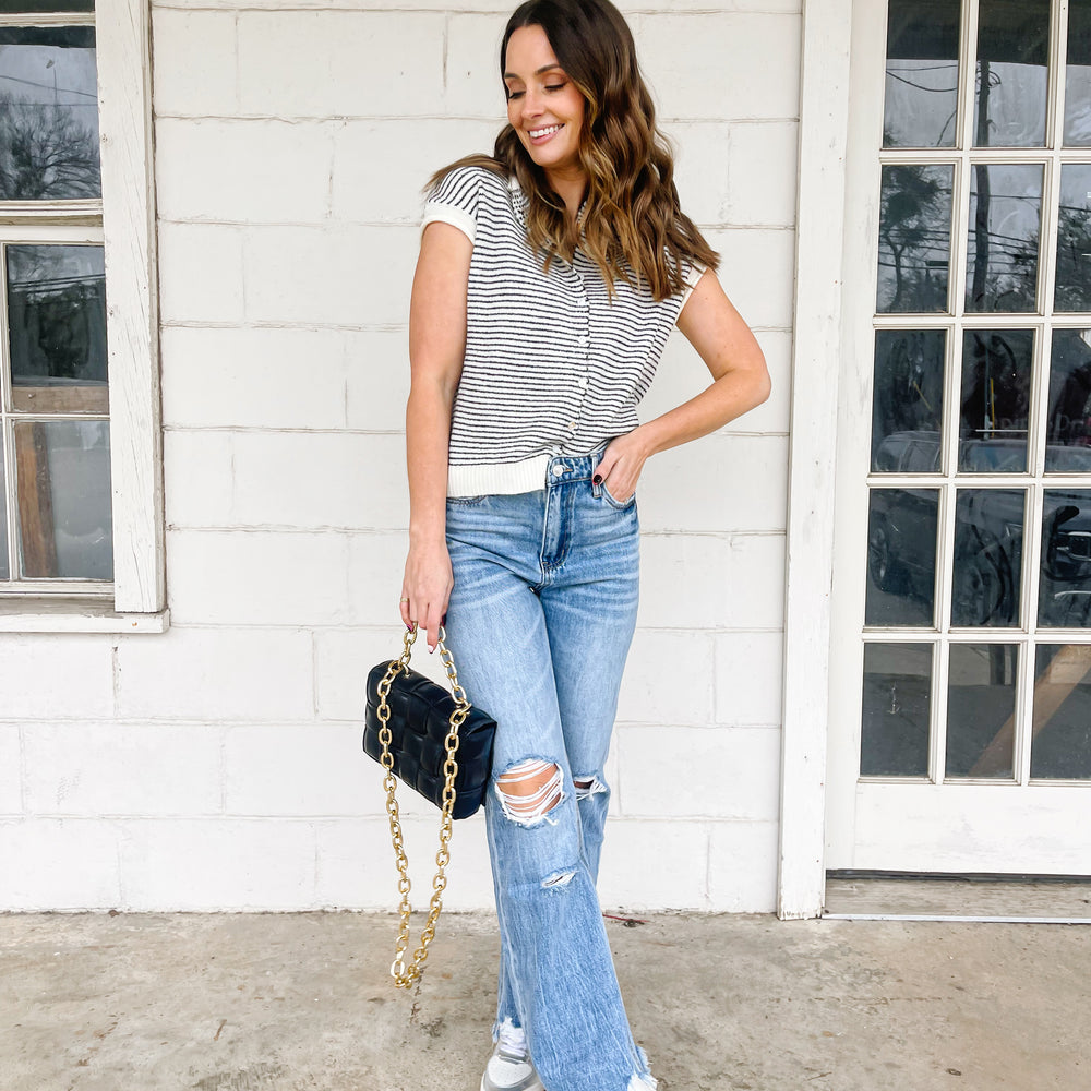 
                      
                        Striped Sweater Button Blouse
                      
                    