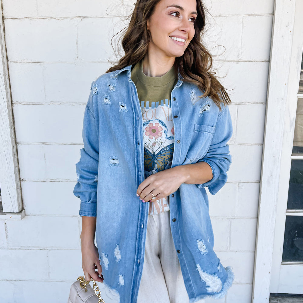 
                      
                        Distressed Oversized Denim Shacket
                      
                    