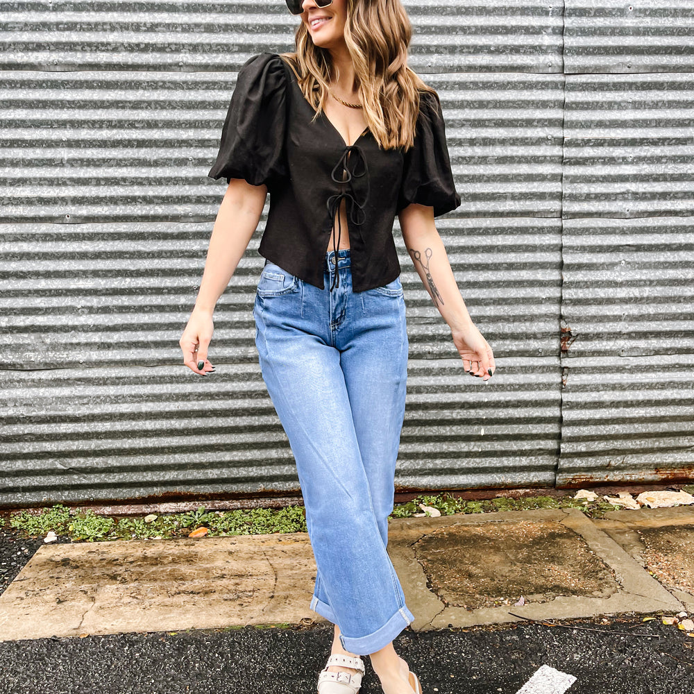 
                      
                        Black Linen Bow Blouse
                      
                    