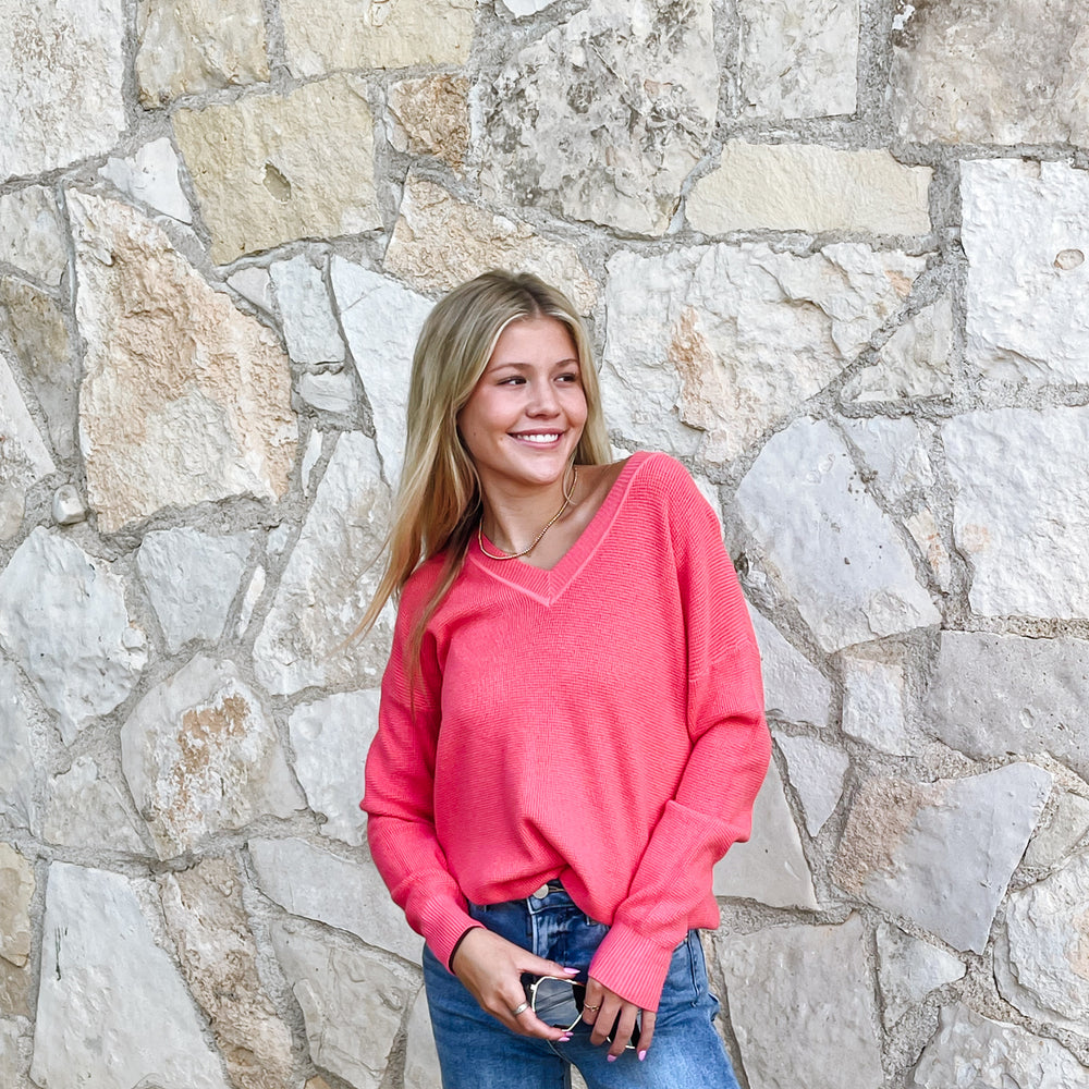 V-Neck Waffle Sweater - Coral