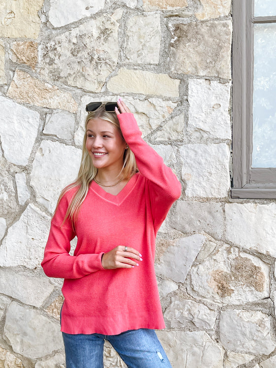 V-Neck Waffle Sweater - Coral