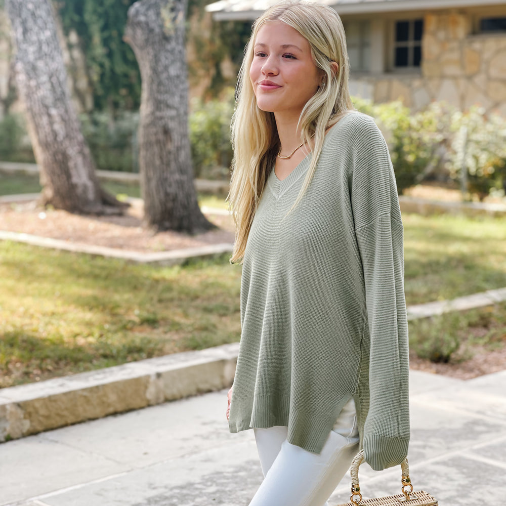 V-Neck Waffle Sweater - Dusty Sage