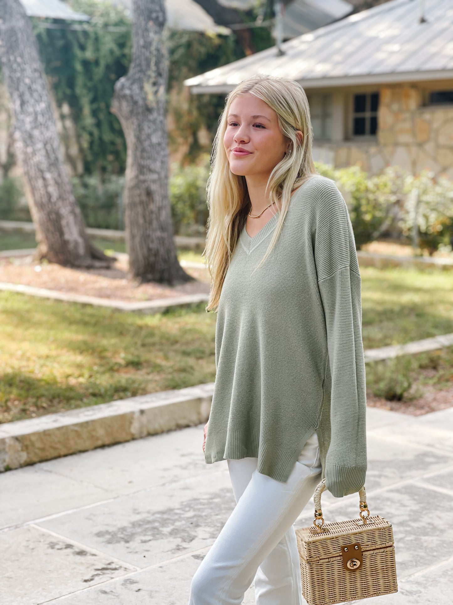 V-Neck Waffle Sweater - Dusty Sage