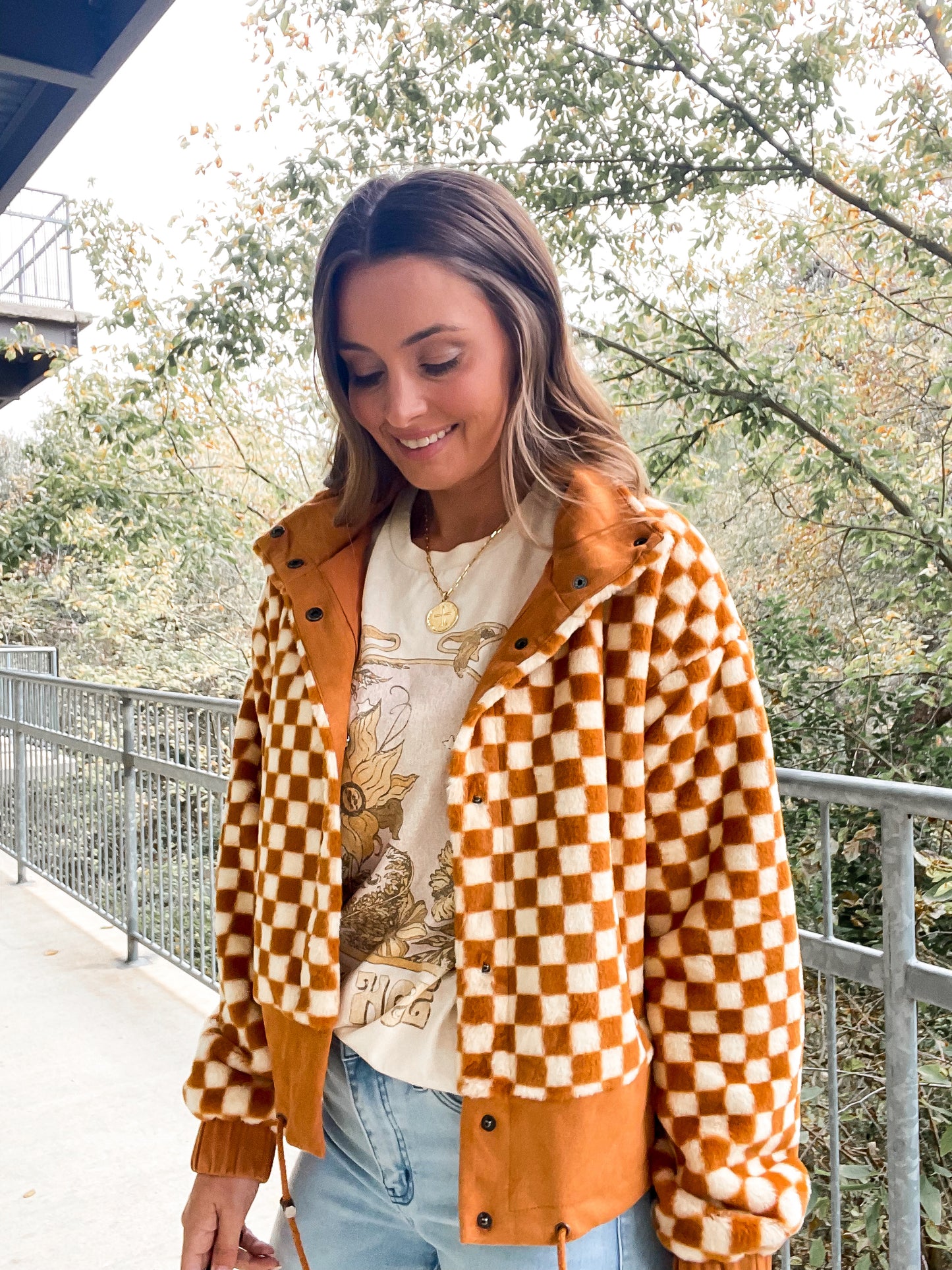 Burnt Checkered Faux Fur Jacket