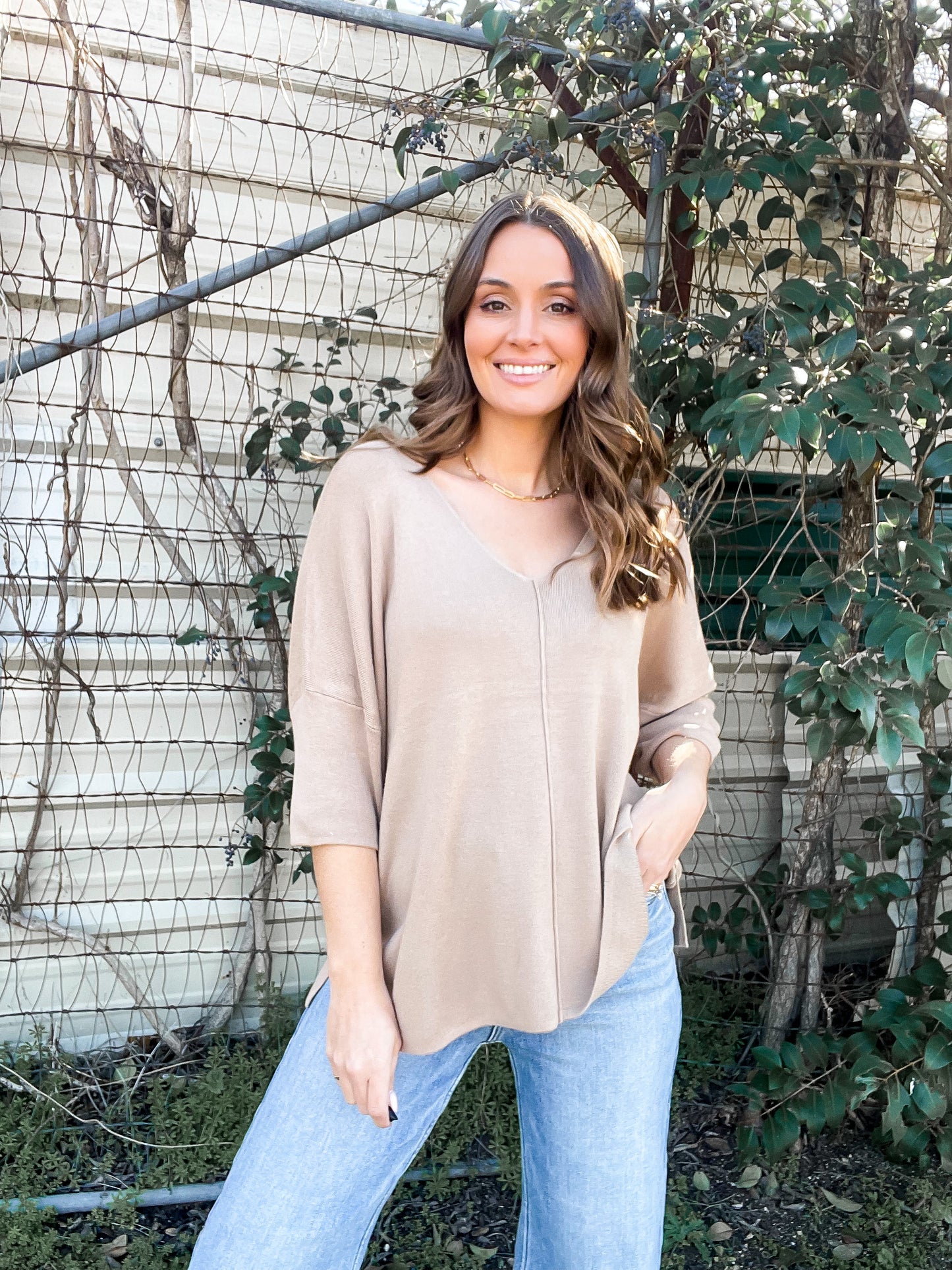 Classic V-neck Sweater -  taupe