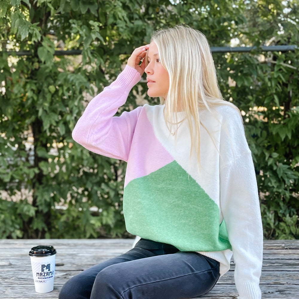 
                      
                        Green & Pink Color Block Sweater
                      
                    