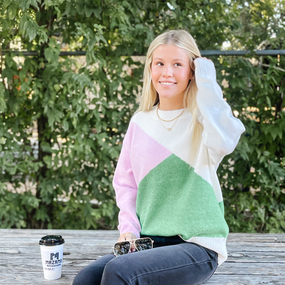 
                      
                        Green & Pink Color Block Sweater
                      
                    