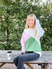  Green & Pink Color Block Sweater