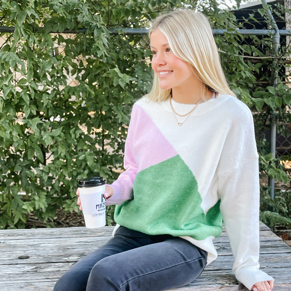 
                      
                        Green & Pink Color Block Sweater
                      
                    