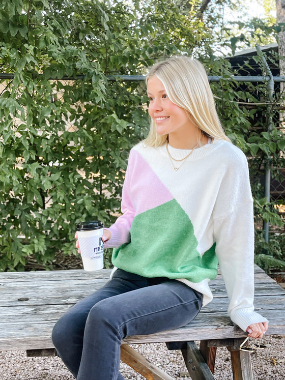 Green & Pink Color Block Sweater