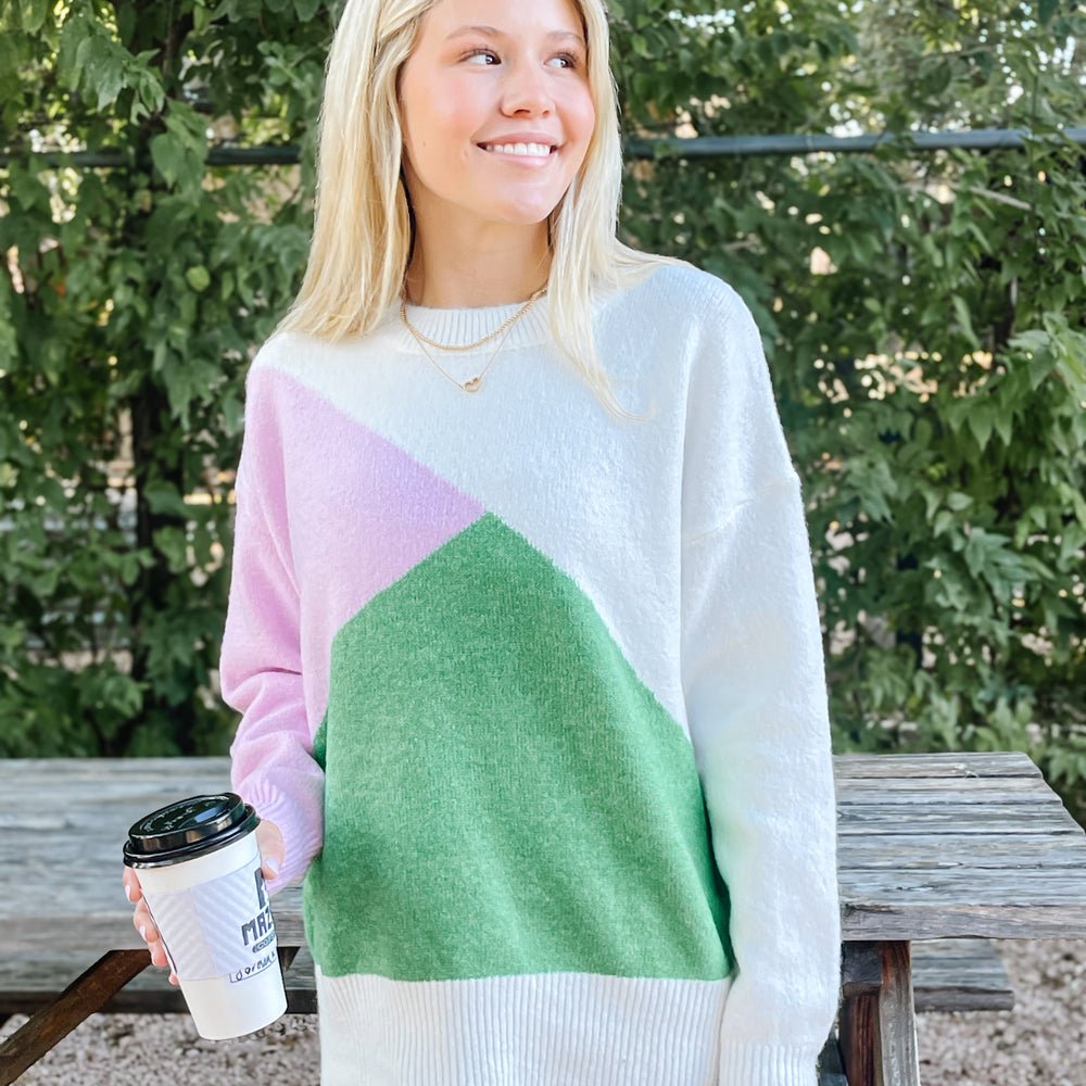 
                      
                        Green & Pink Color Block Sweater
                      
                    