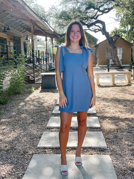 Dusty Blue Ribbon Dress