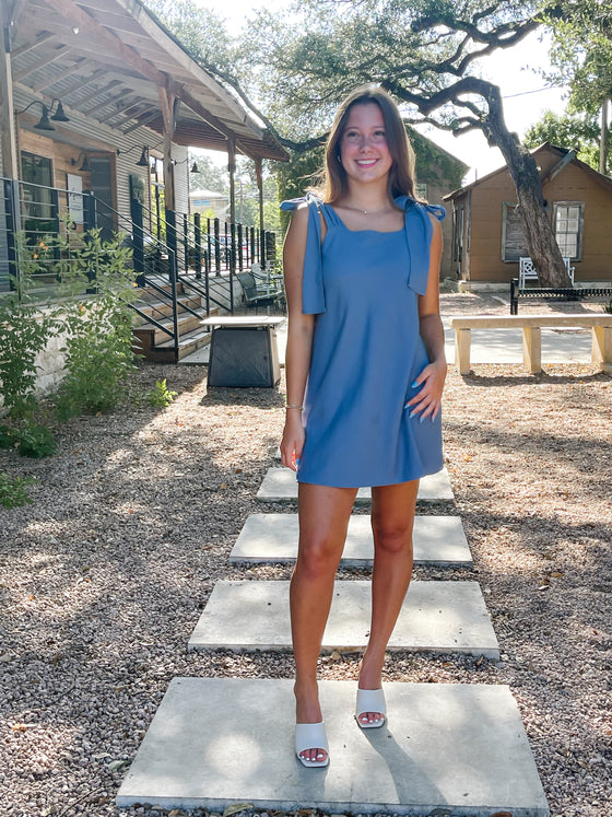 Dusty Blue Ribbon Dress