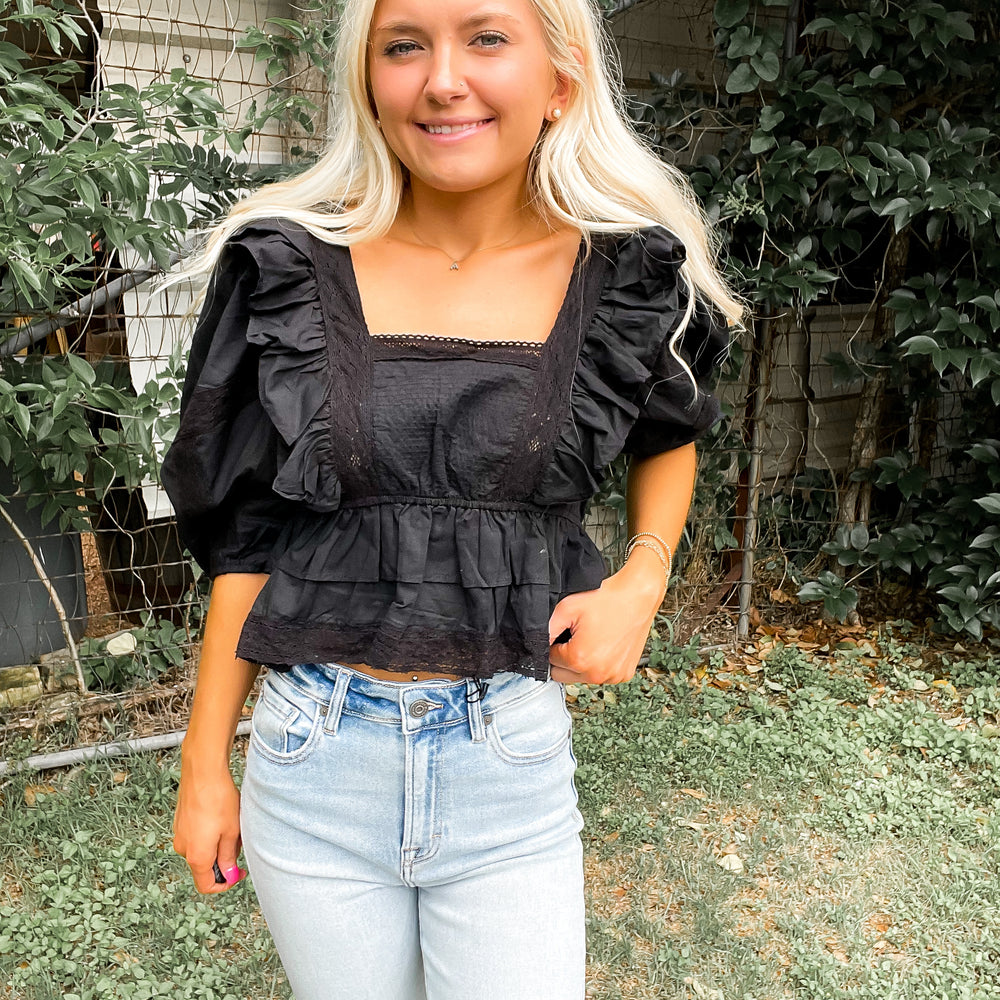 
                      
                        Ruffle & Lace Blouse - Black
                      
                    