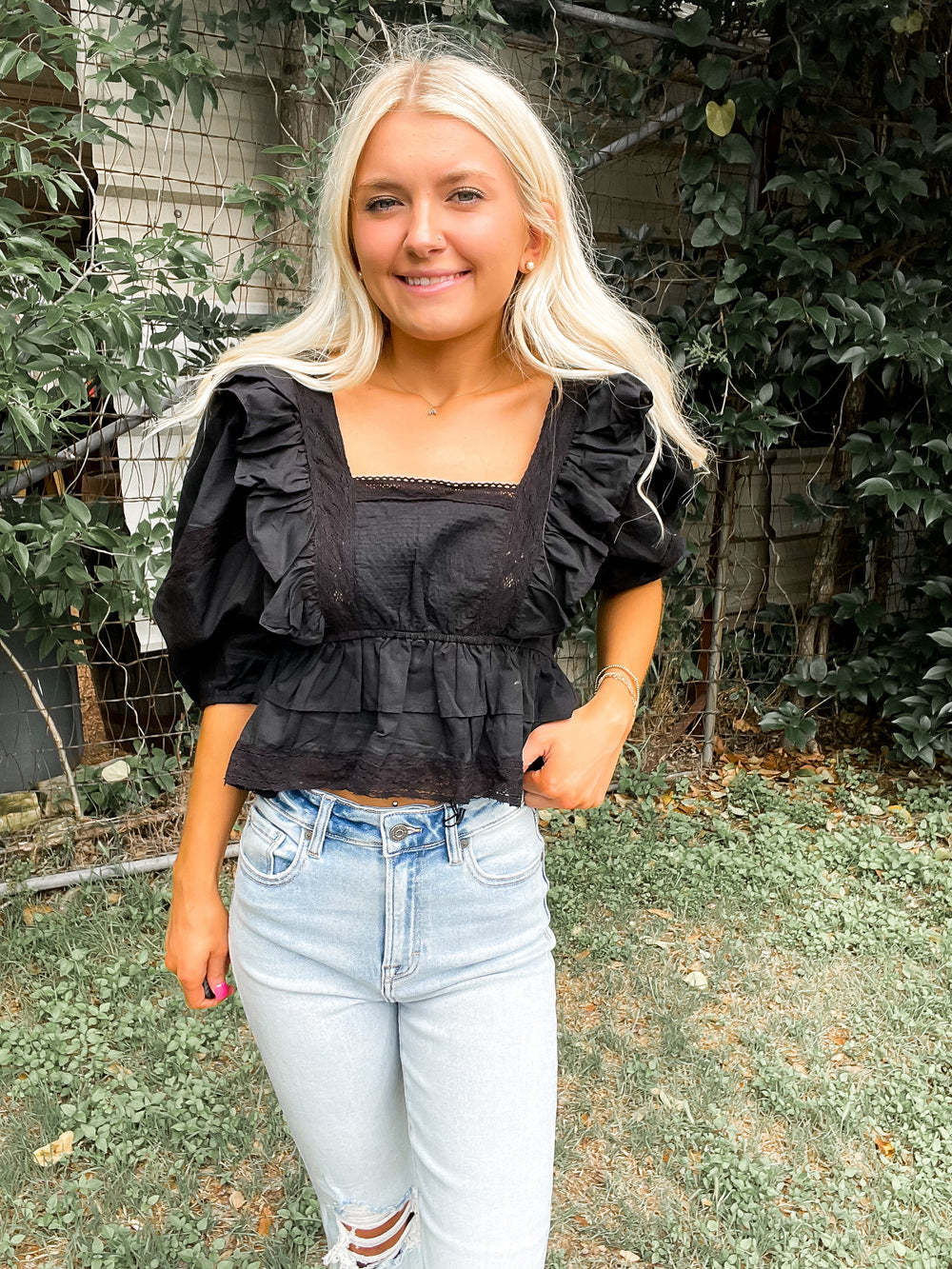 Ruffle & Lace Blouse - Black