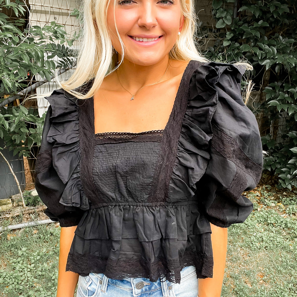 
                      
                        Ruffle & Lace Blouse - Black
                      
                    